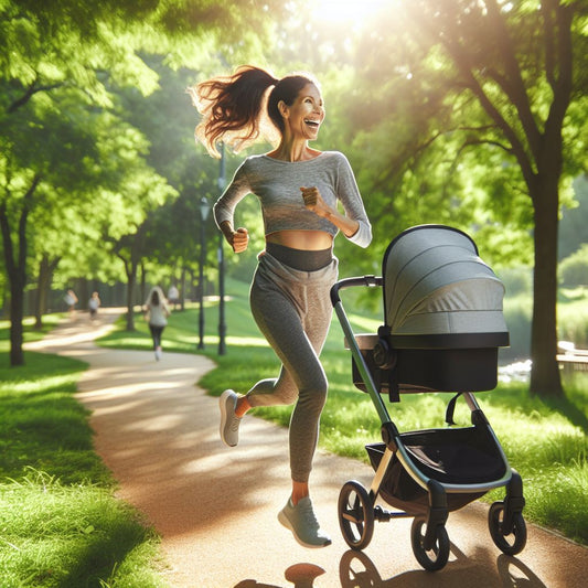 parent running with stroller in park