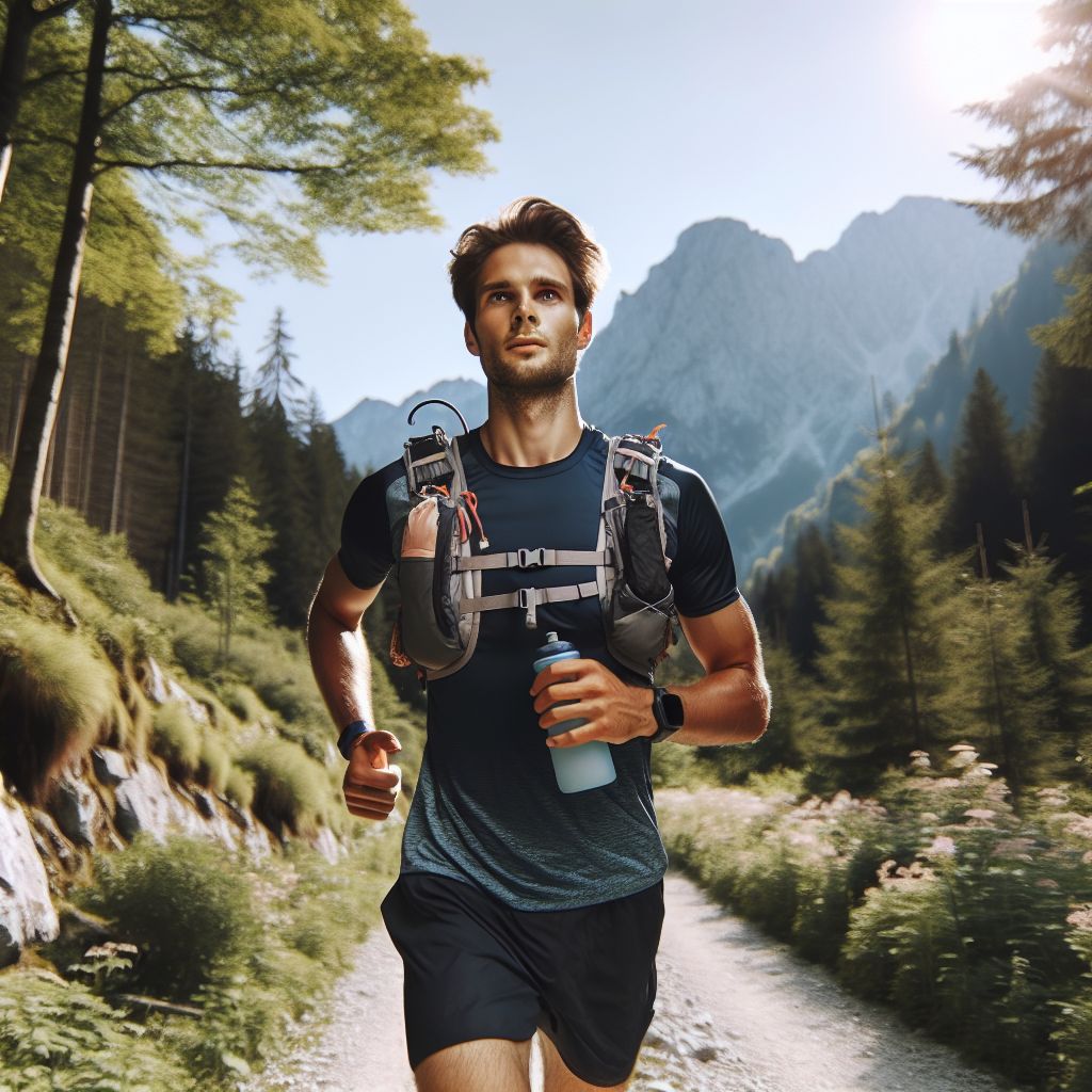 long-distance runner with hydration pack and water bottle in a scenic trail